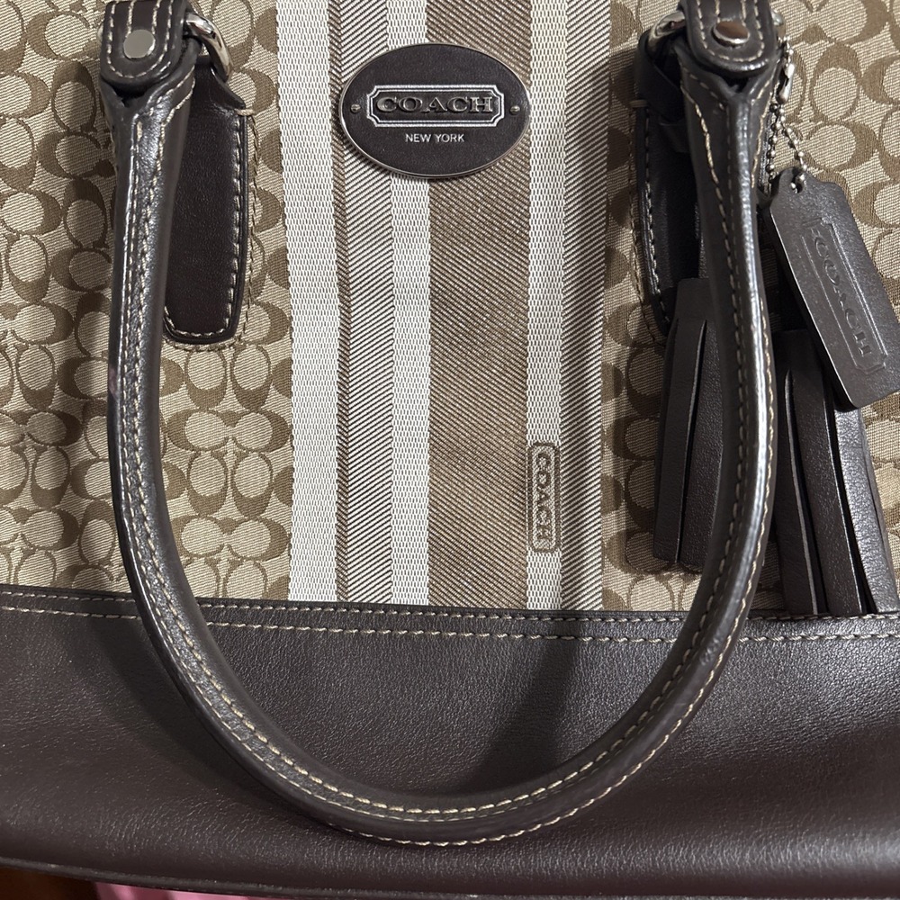 Coach Candace Carry 19915 Signature Stripe Khaki Brown Canvas Leather Bag - Picture 5 of 14